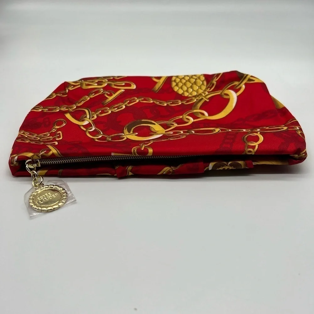 Estée Lauder red and gold cloth pleaded cosmetic bag NEW